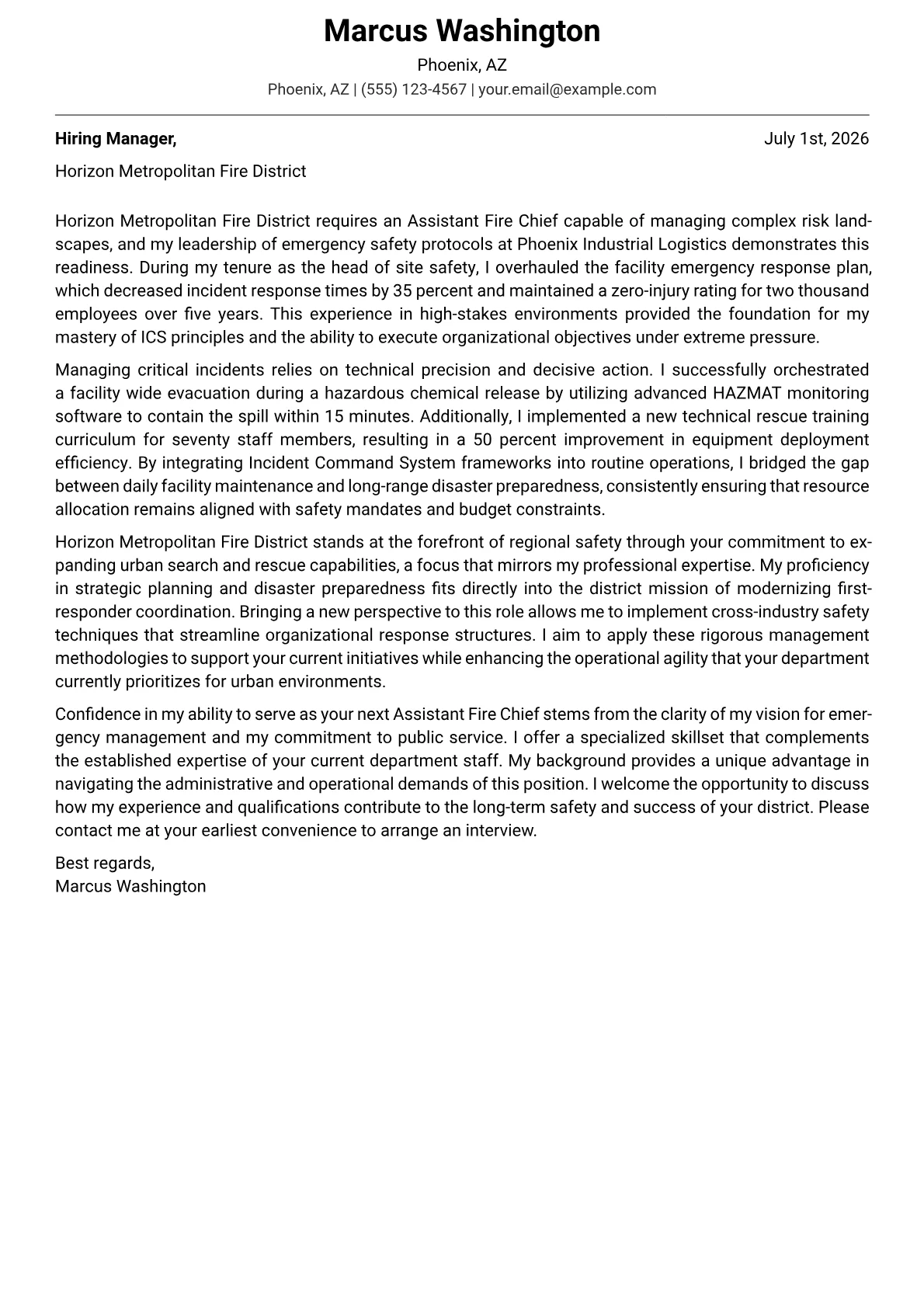 Assistant Fire Chief cover letter in the Modern design