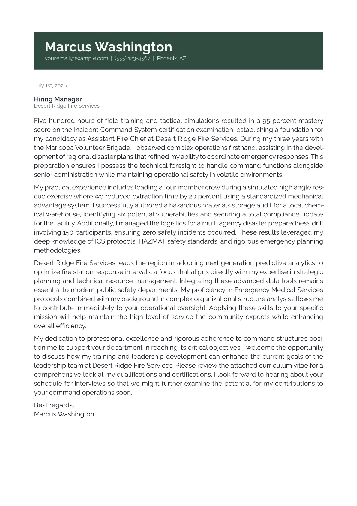 Assistant Fire Chief cover letter in the Banner design