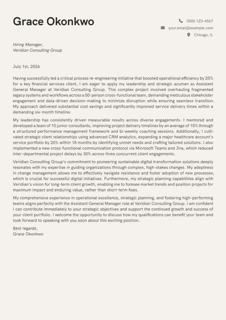 Assistant General Manager cover letter example preview