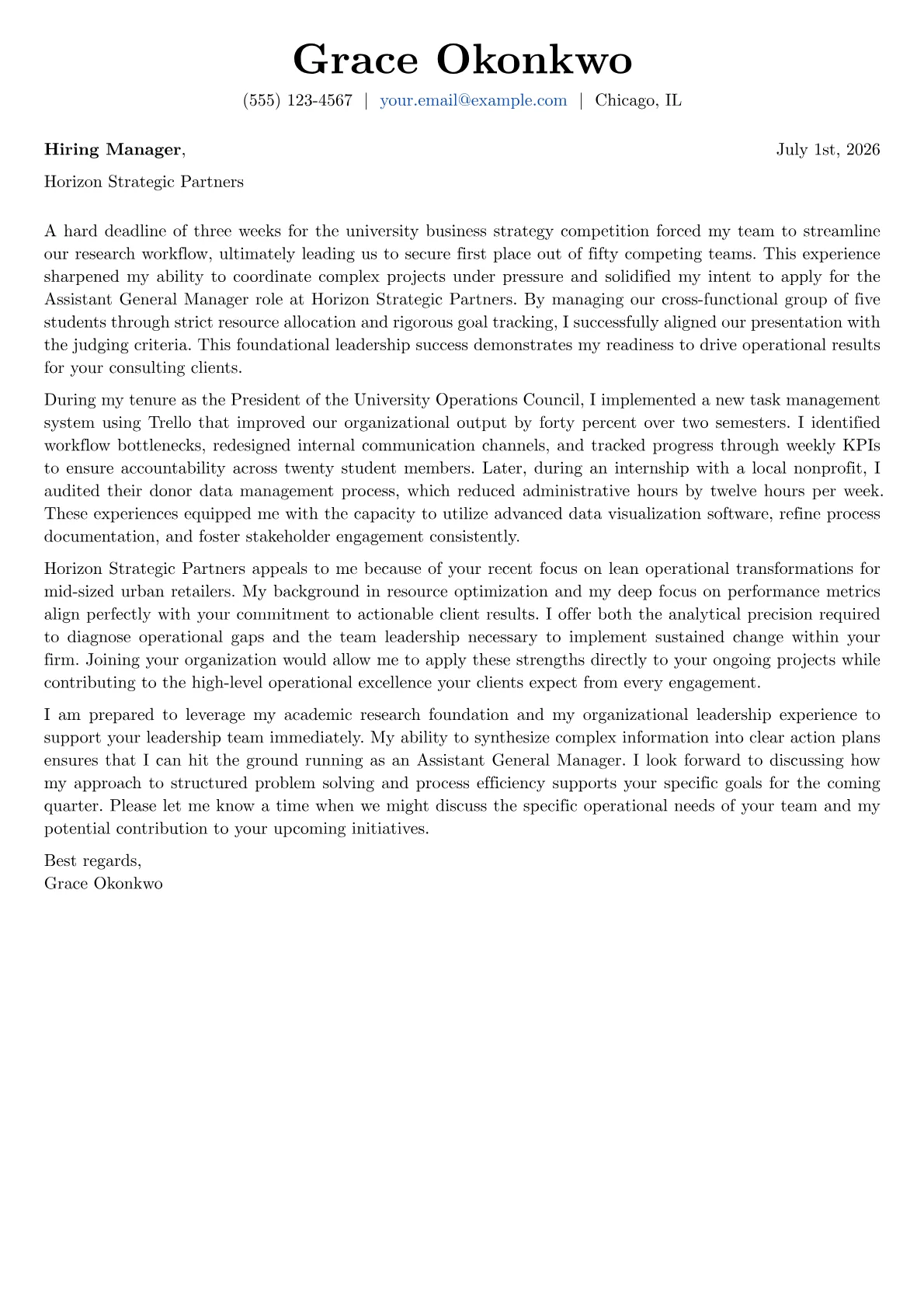 Assistant General Manager cover letter in the Basic design