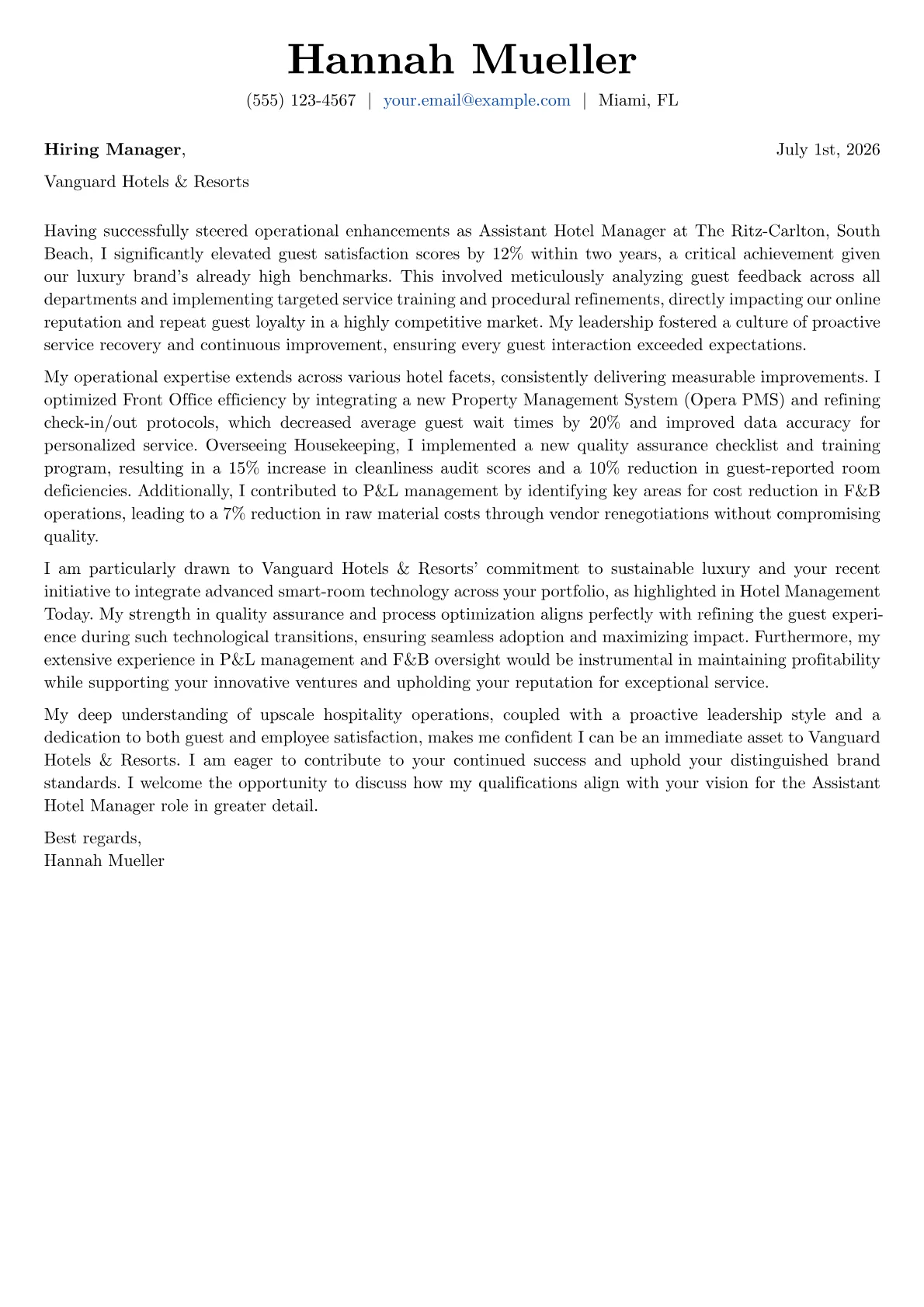 Assistant Hotel Manager cover letter formatted with a JobSprout template