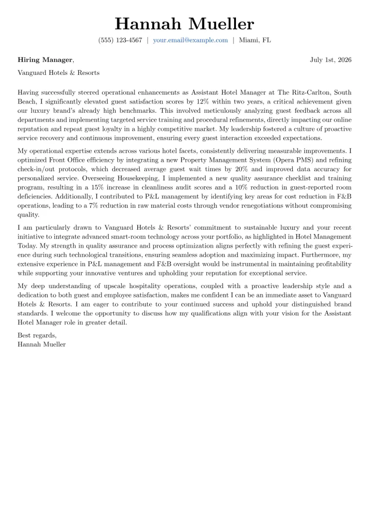 Assistant Hotel Manager cover letter example preview