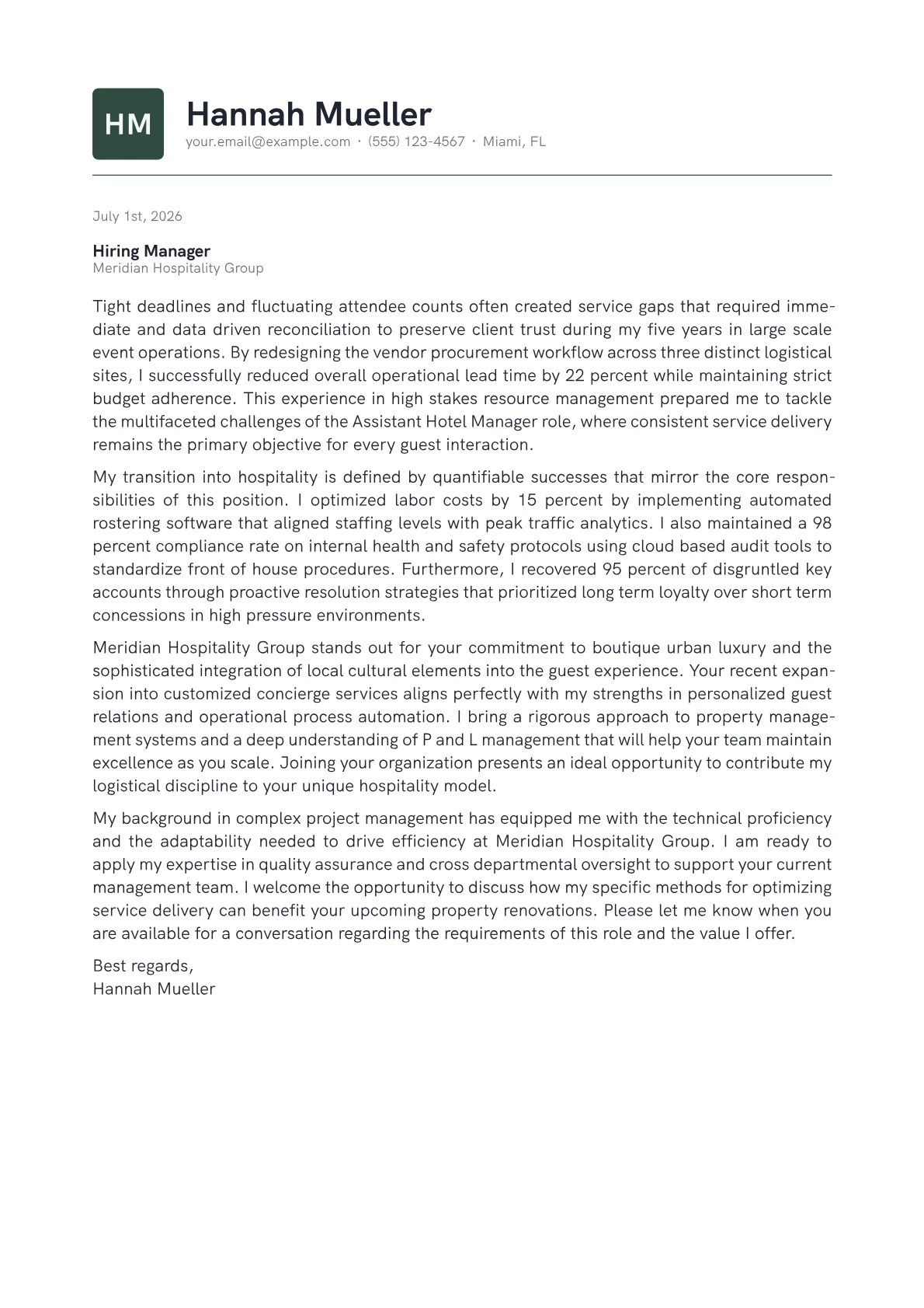 Assistant Hotel Manager cover letter in the Emblem design