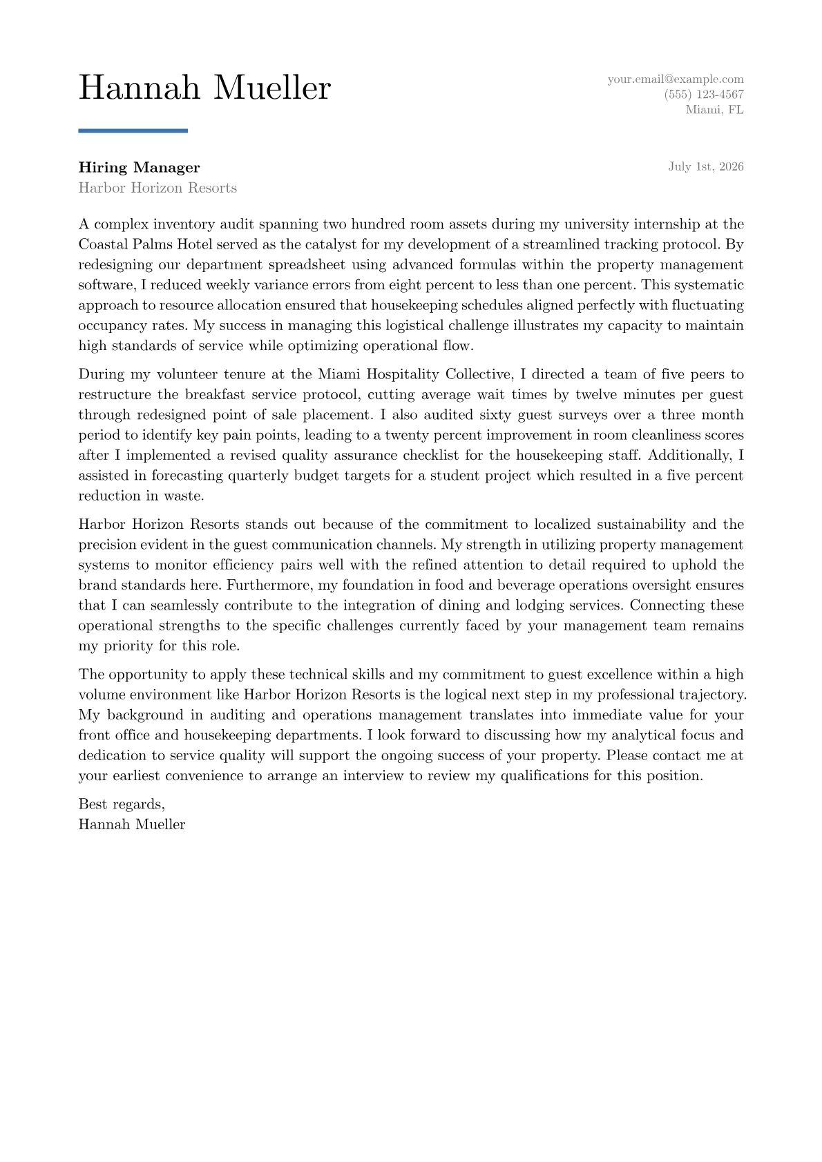 Assistant Hotel Manager cover letter in the Executive design