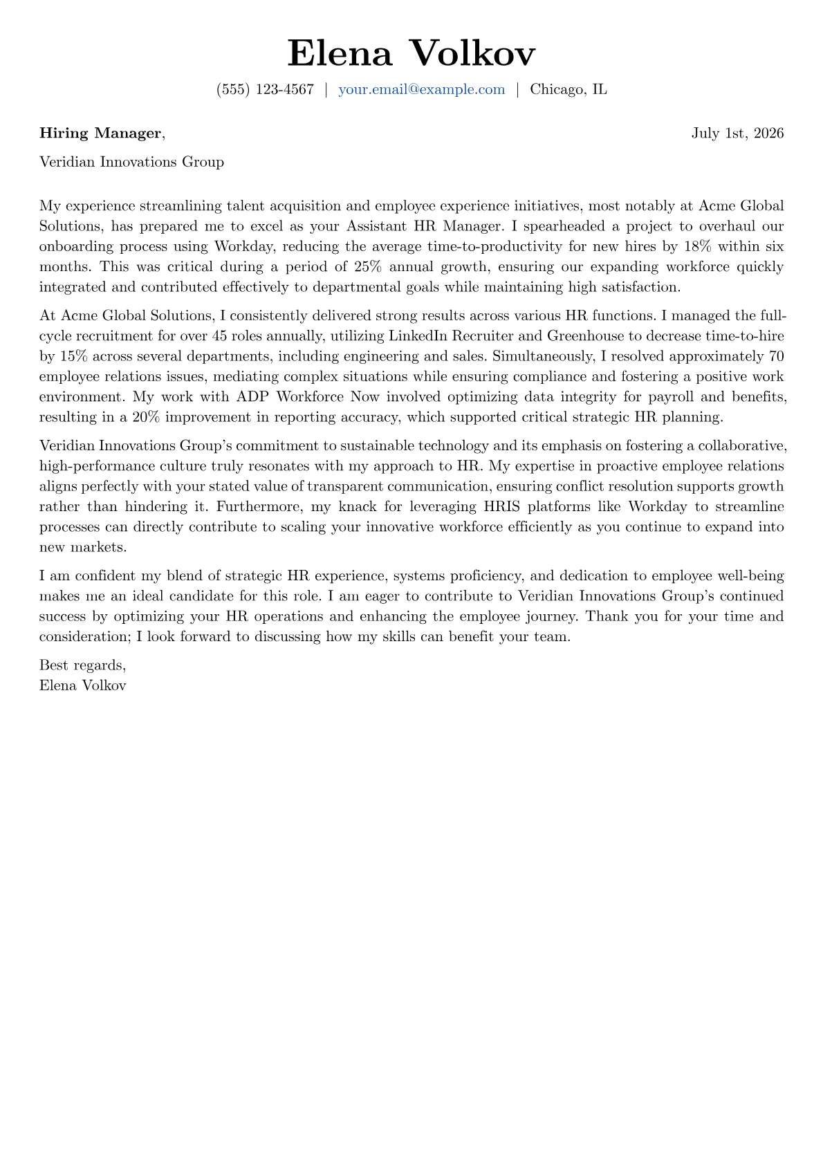 Assistant HR Manager cover letter formatted with a JobSprout template