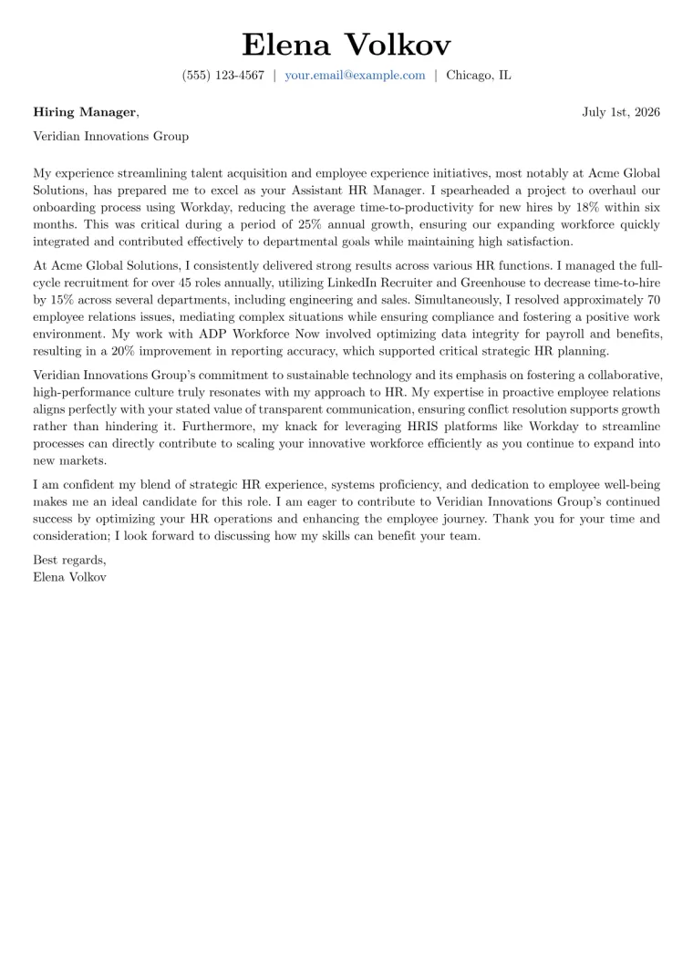 Assistant HR Manager cover letter example preview