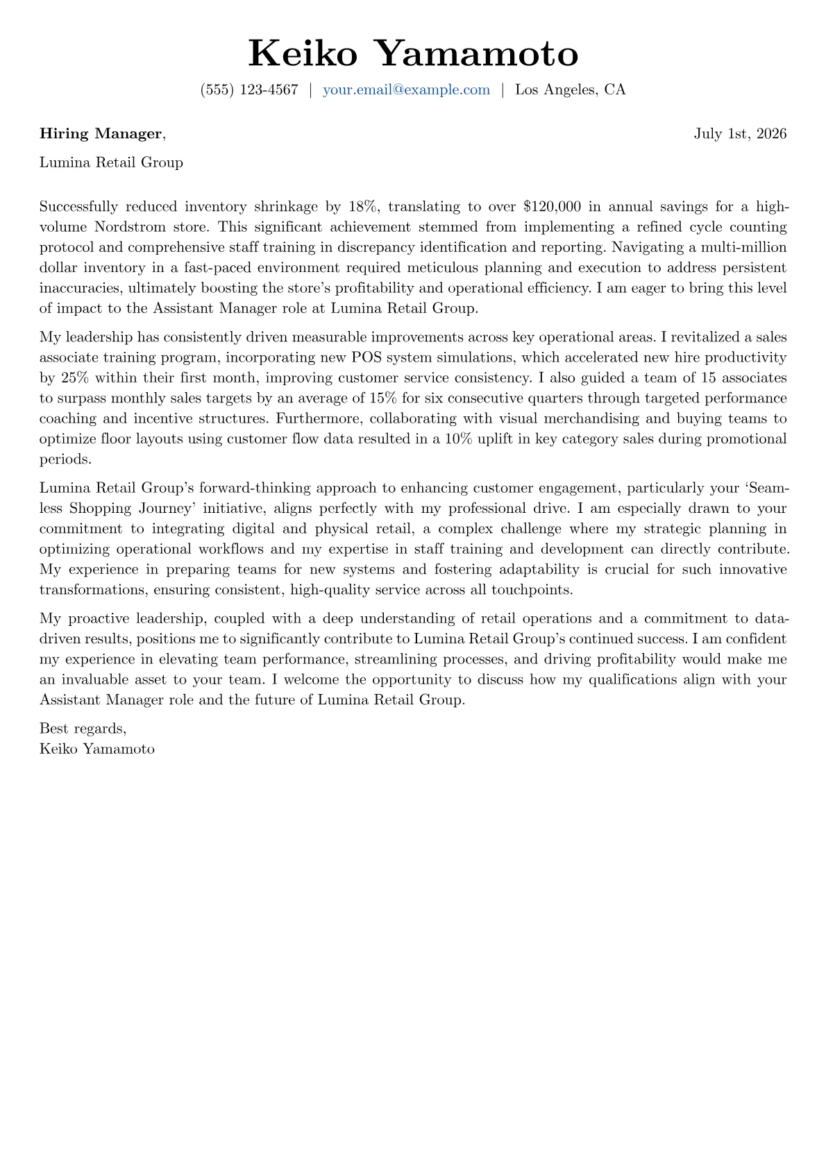 Assistant Manager cover letter formatted with a JobSprout template