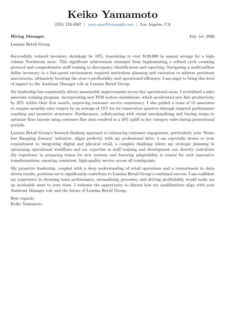 Assistant Manager Cover Letter Example