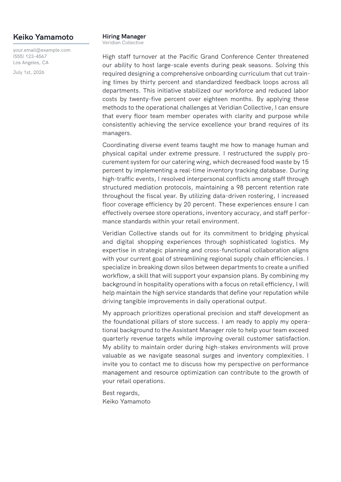 Assistant Manager cover letter in the Margin design