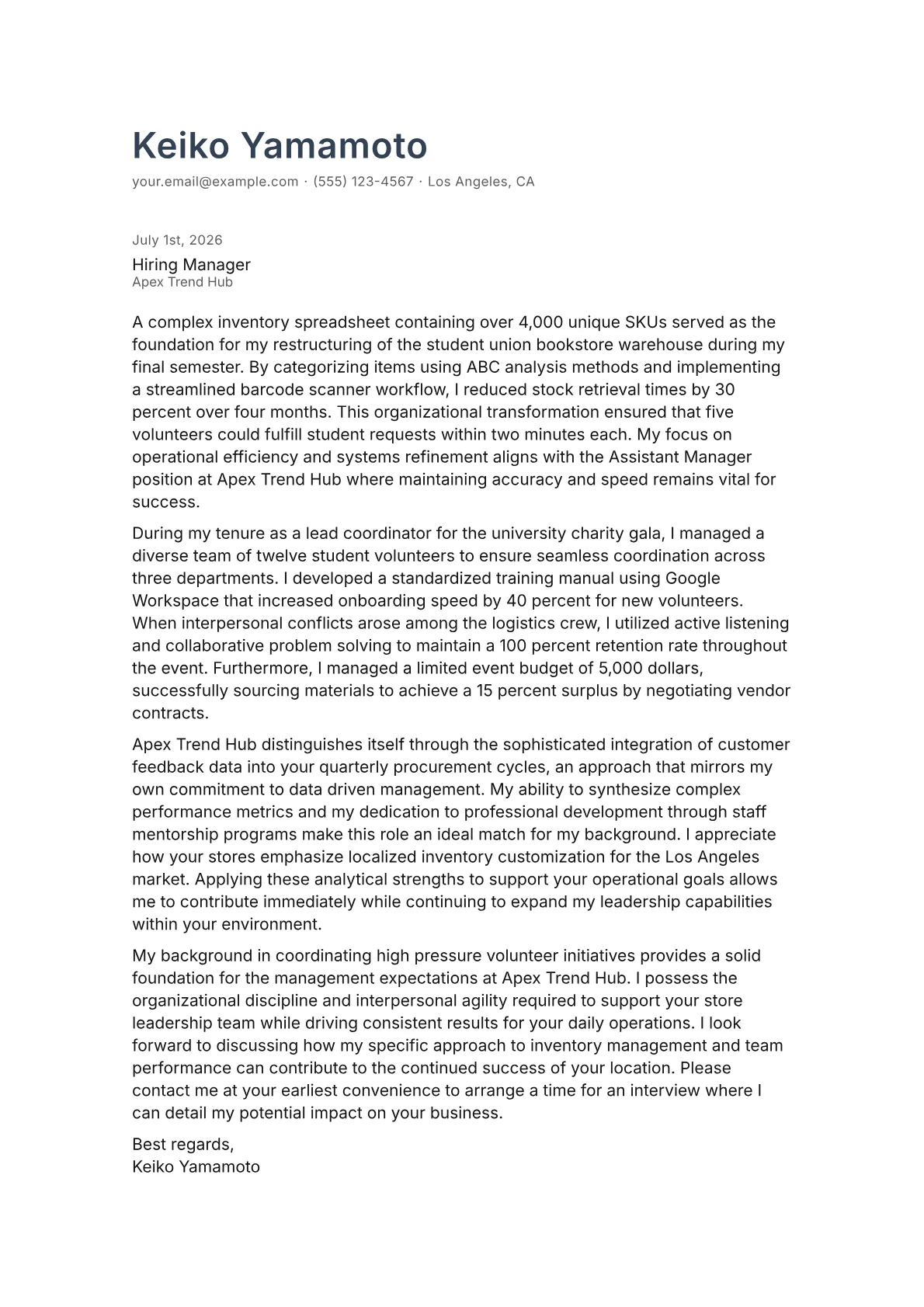 Assistant Manager cover letter in the Minimal design