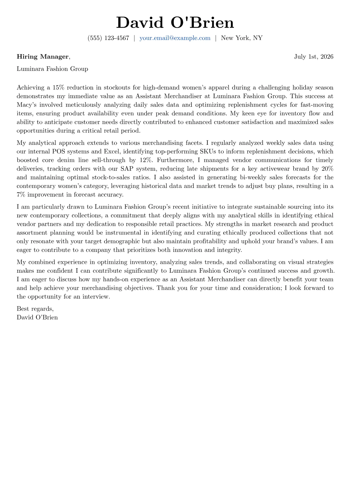 Assistant Merchandiser cover letter formatted with a JobSprout template