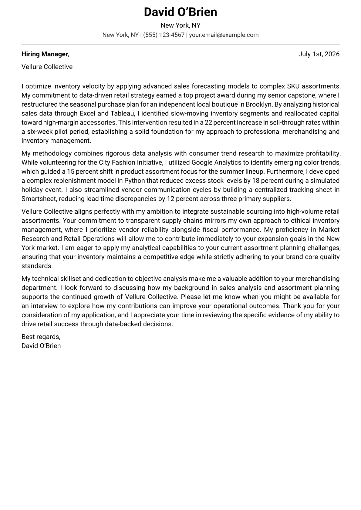 Assistant Merchandiser cover letter in the Modern design