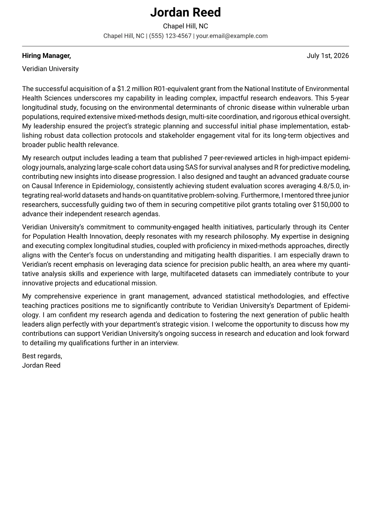 Assistant Professor cover letter formatted with a JobSprout template