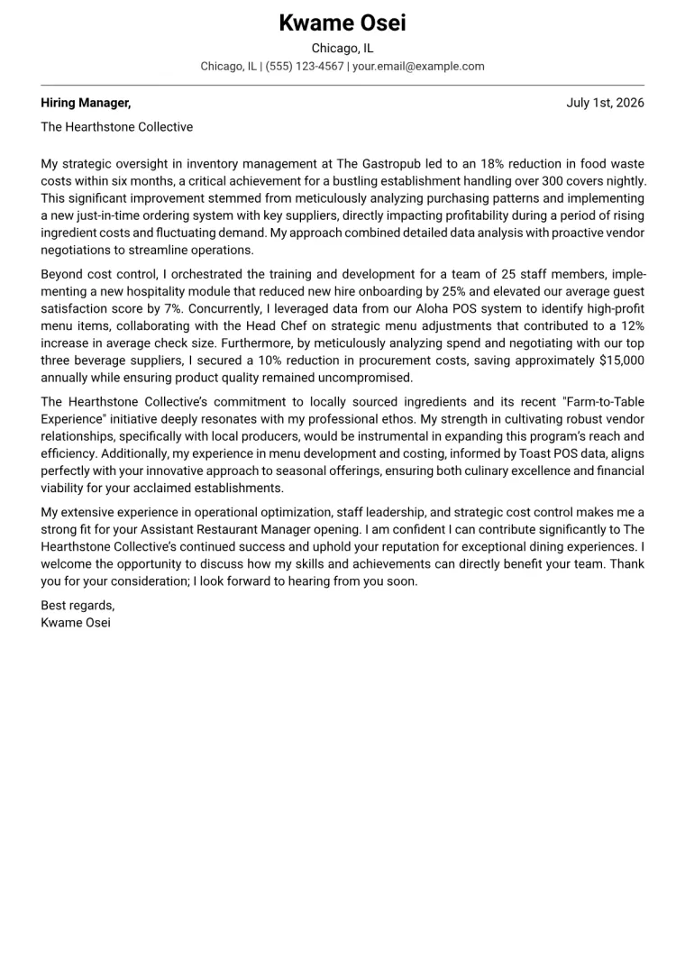 Assistant Restaurant Manager Cover Letter Example