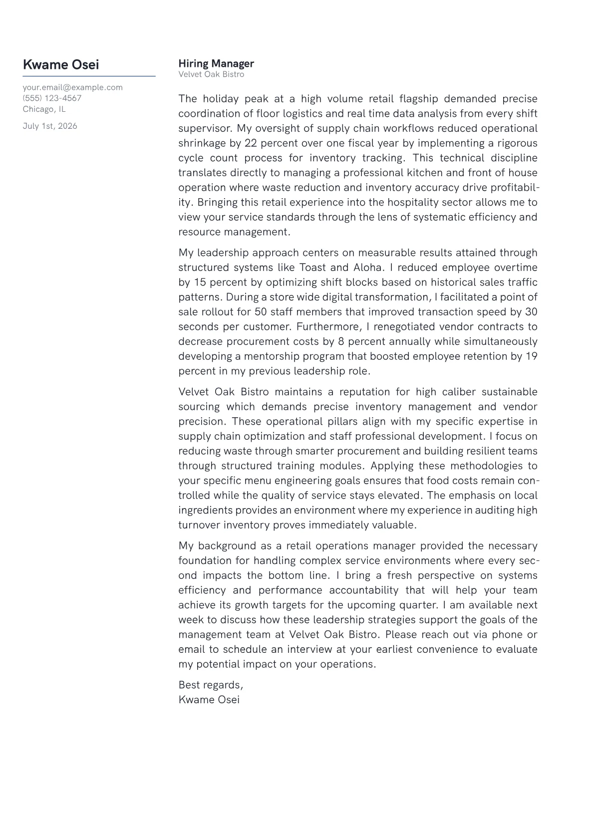 Assistant Restaurant Manager cover letter in the Margin design