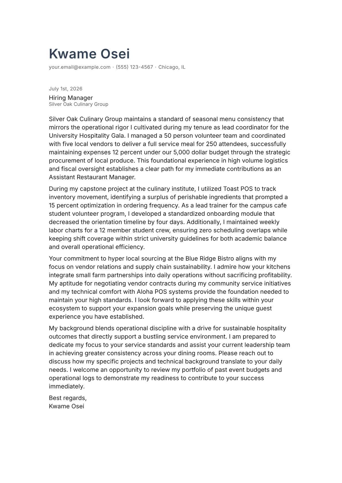 Assistant Restaurant Manager cover letter in the Minimal design