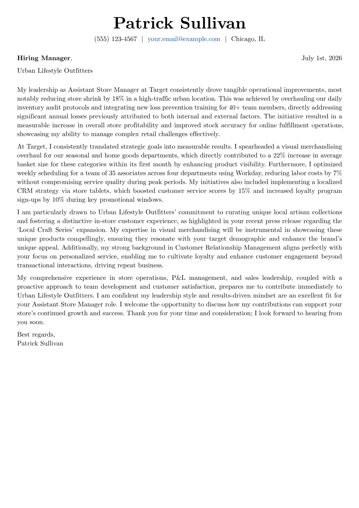 Assistant Store Manager cover letter formatted with a JobSprout template