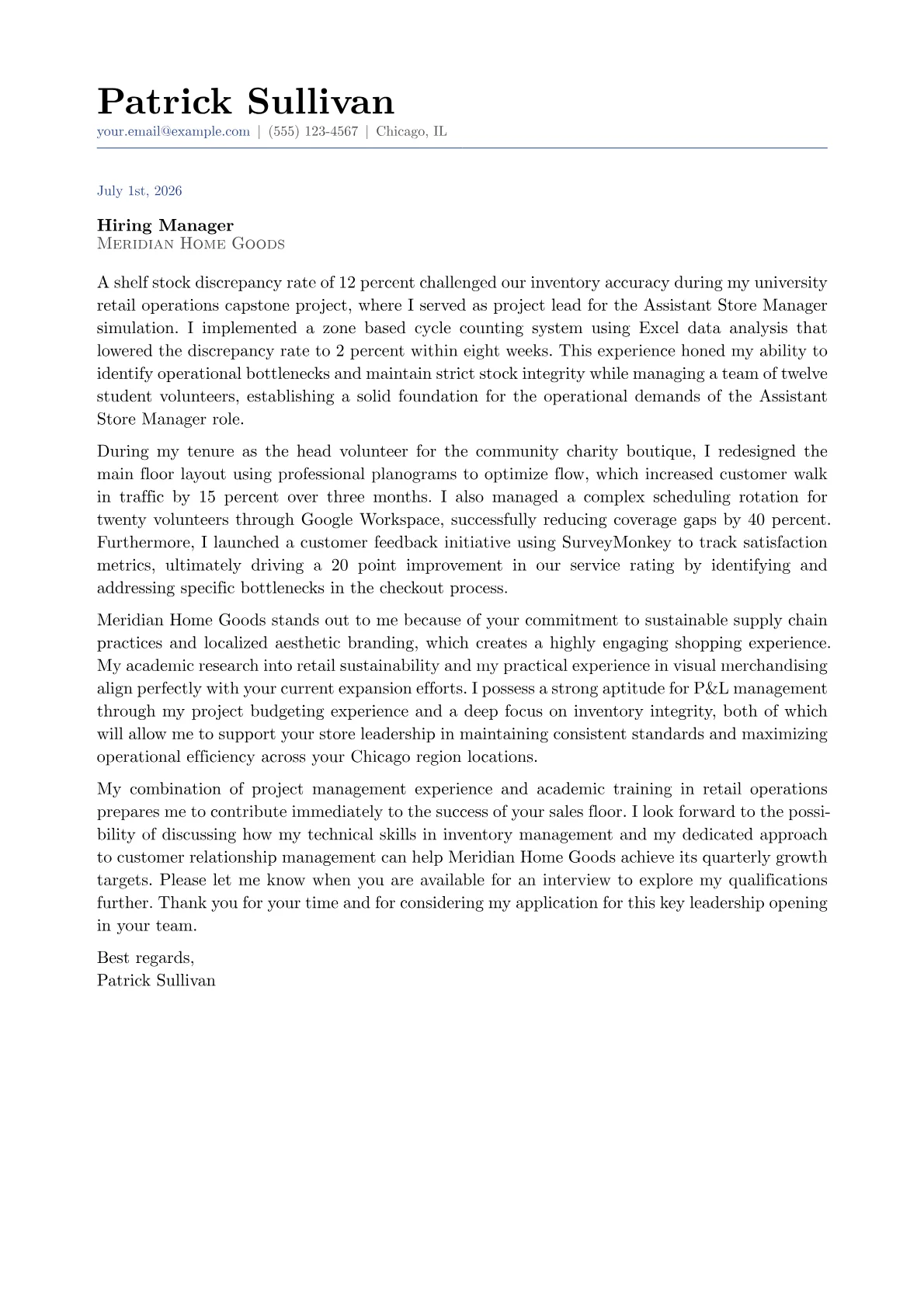 Assistant Store Manager cover letter in the Classic design