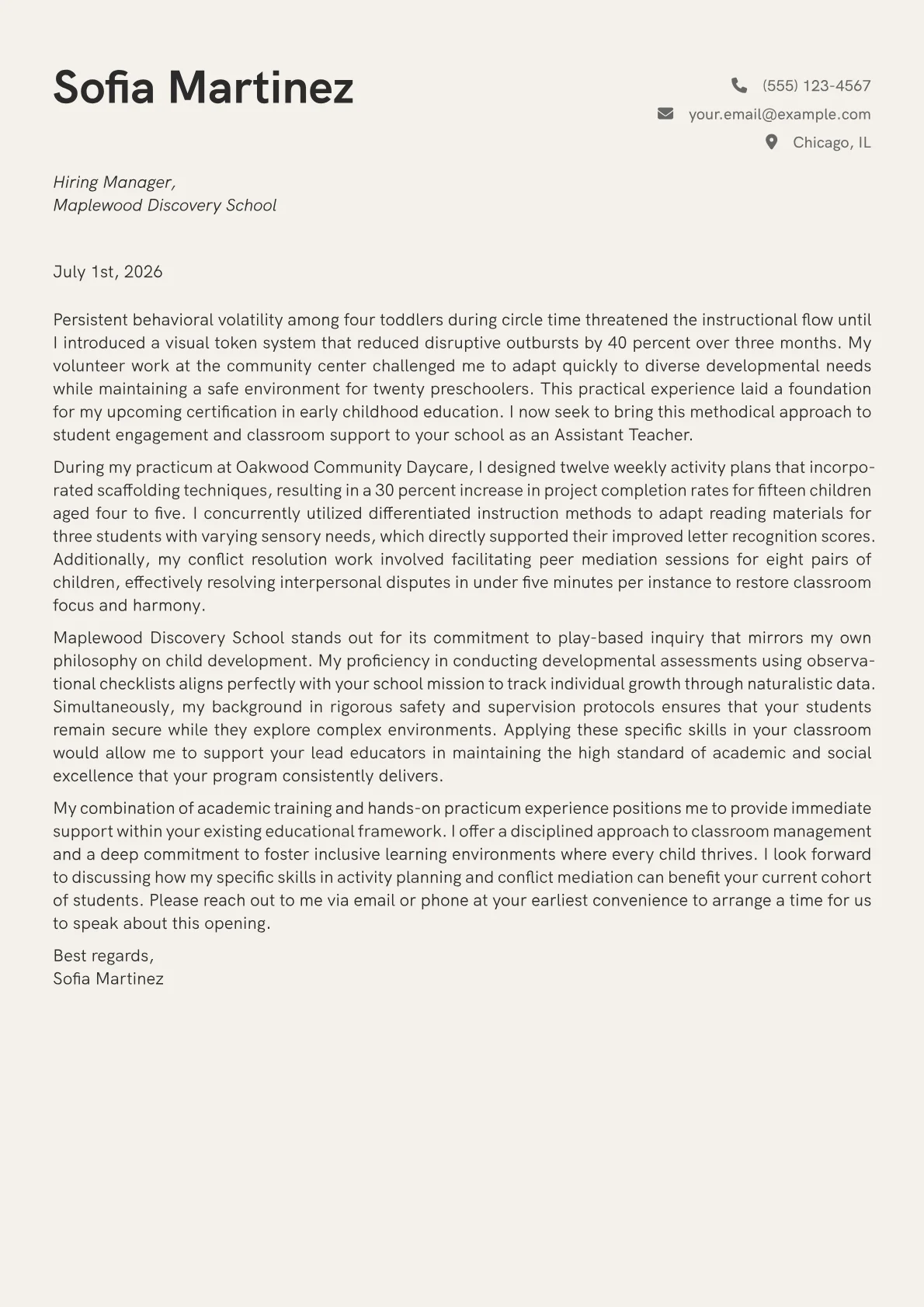 Assistant Teacher cover letter in the Creative design
