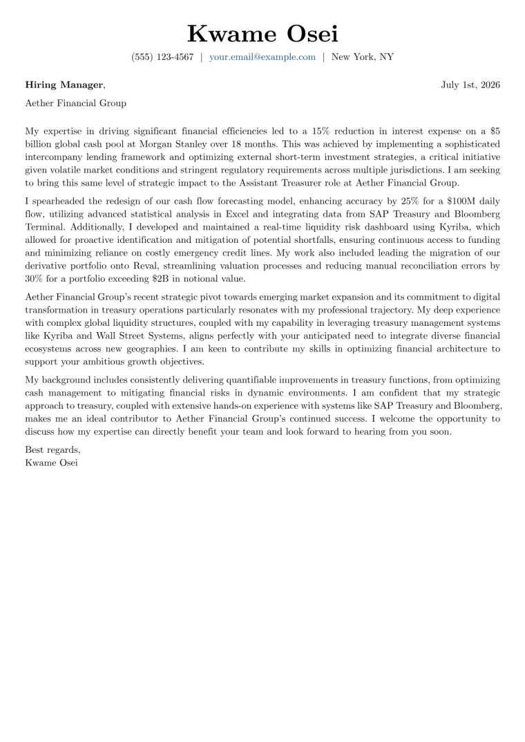 Assistant Treasurer cover letter example preview