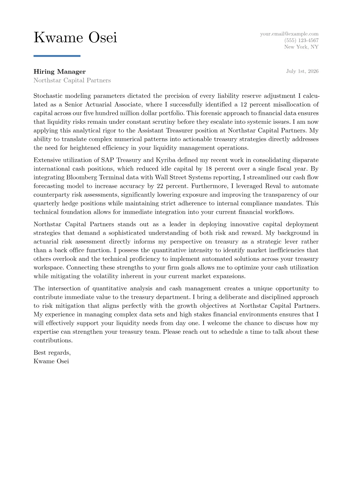 Assistant Treasurer cover letter in the Executive design