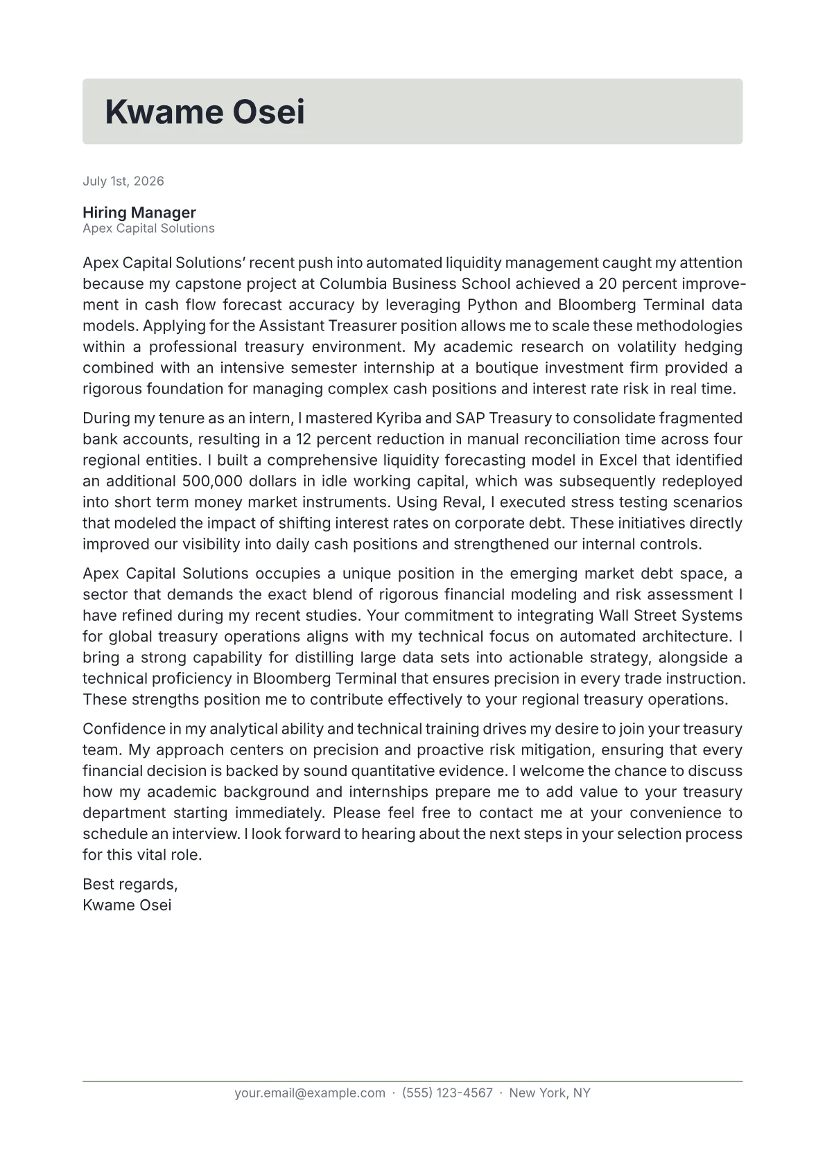 Assistant Treasurer cover letter in the Letterhead design