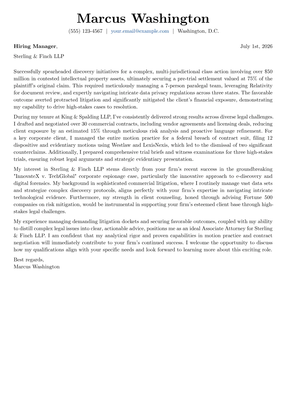 Associate Attorney cover letter formatted with a JobSprout template
