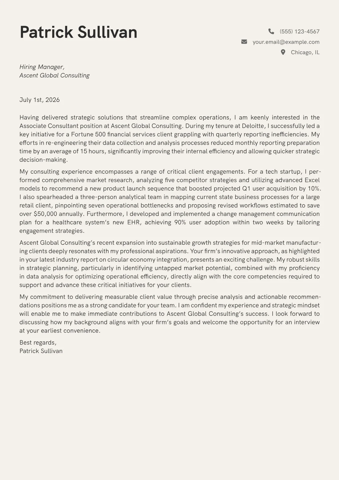 Associate Consultant cover letter formatted with a JobSprout template