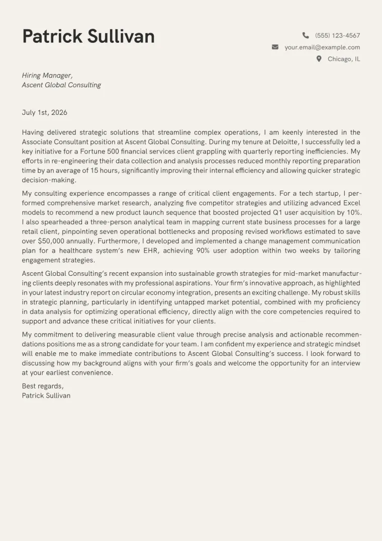 Associate Consultant Cover Letter Example