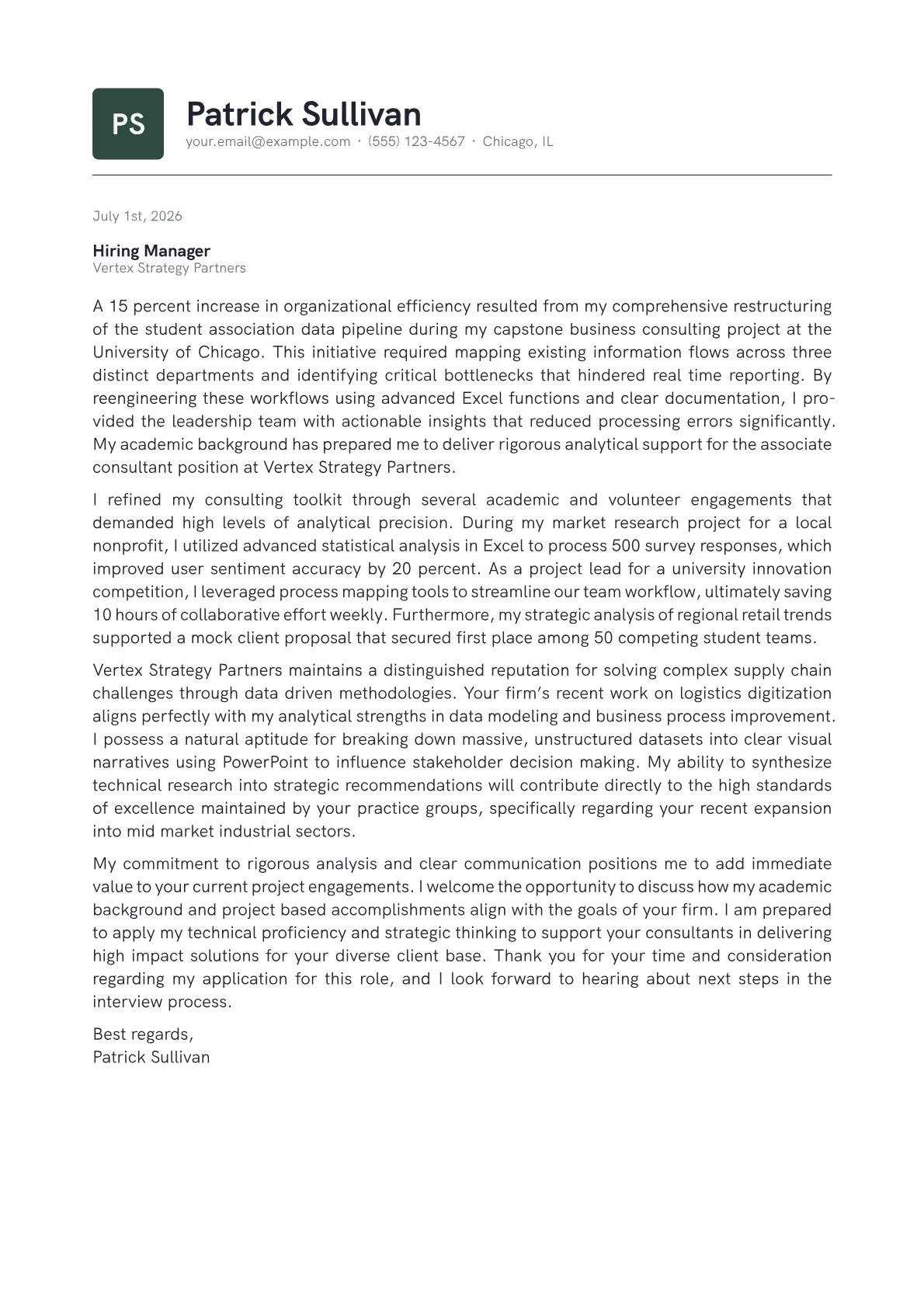 Associate Consultant cover letter in the Emblem design