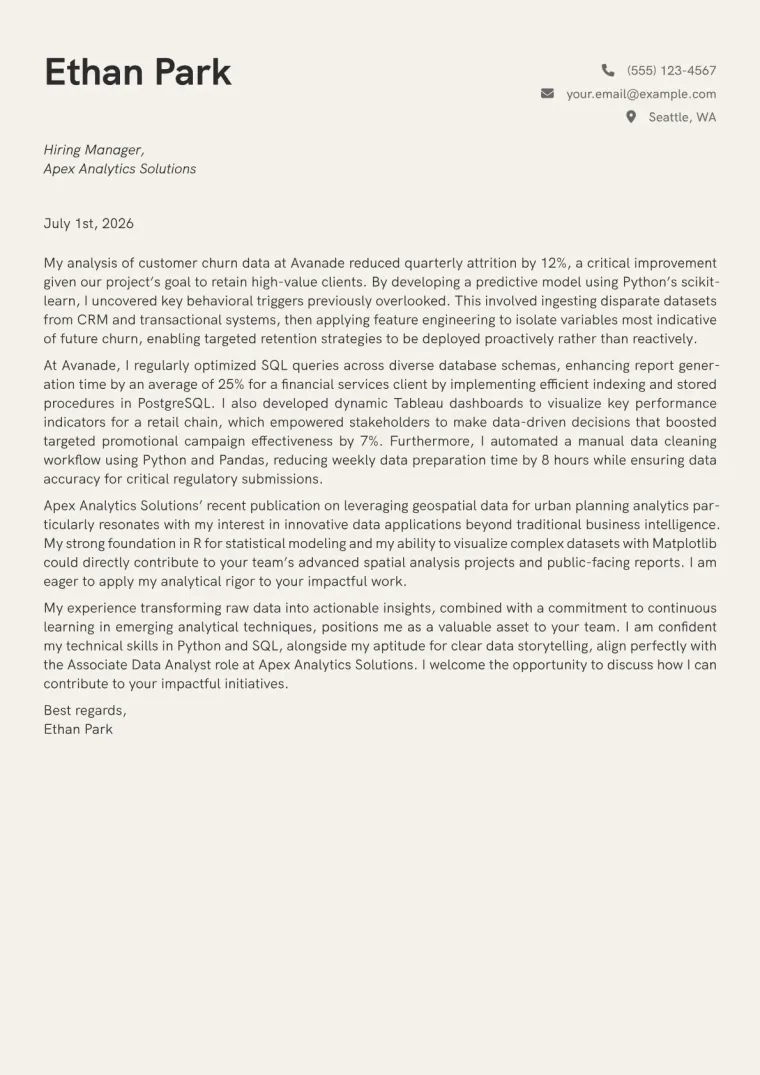 Associate Data Analyst Cover Letter Example