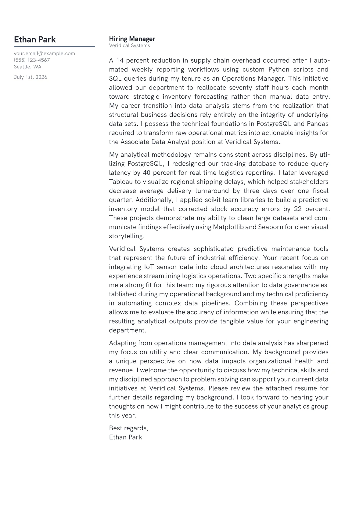 Associate Data Analyst cover letter in the Margin design