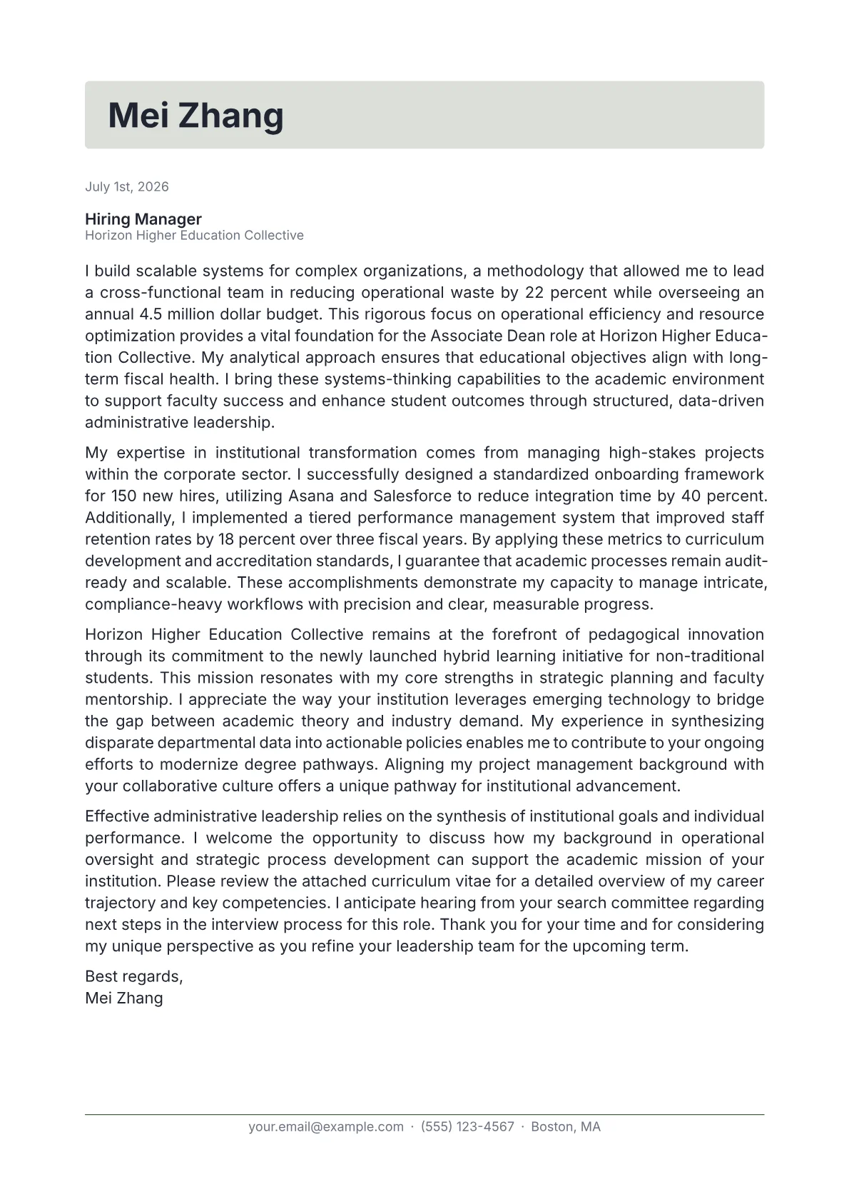 Associate Dean cover letter in the Letterhead design