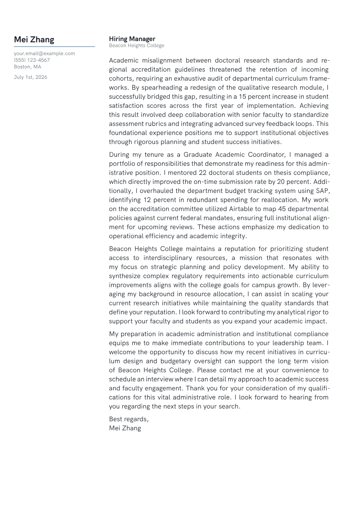Associate Dean cover letter in the Margin design