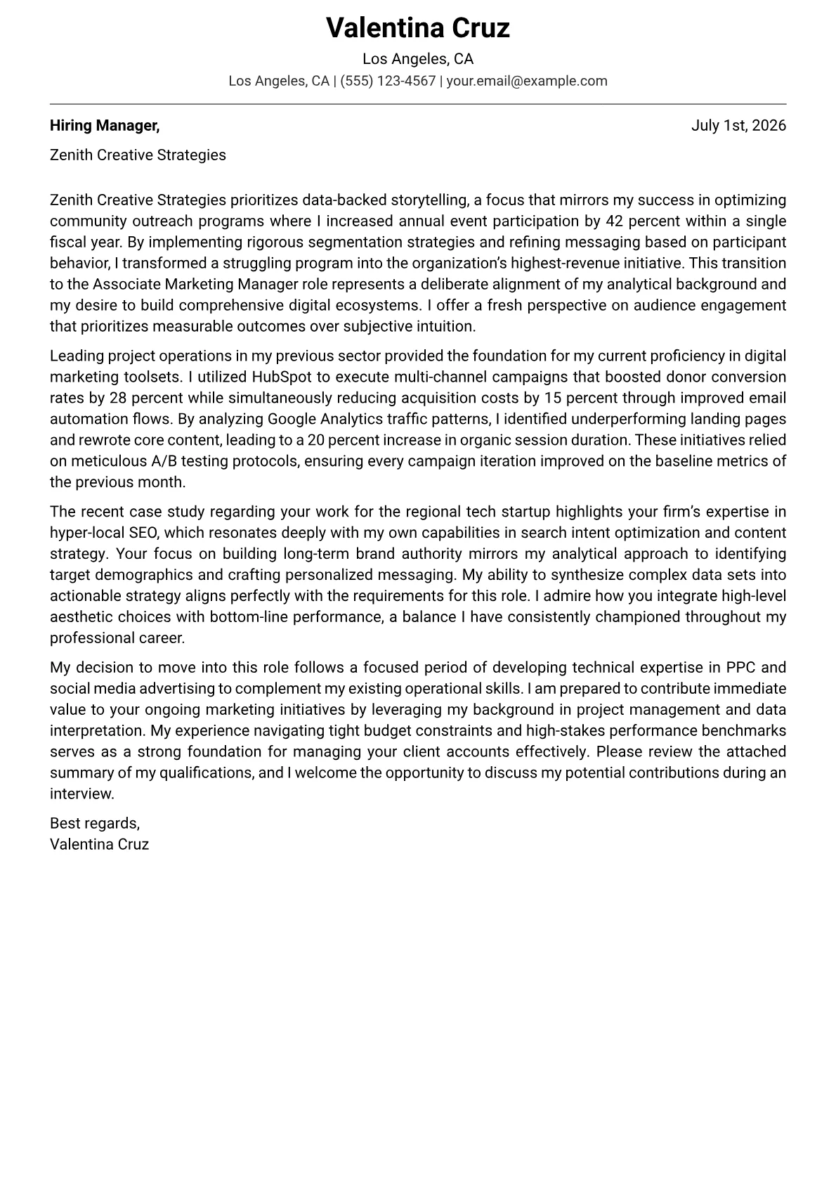 Associate Marketing Manager cover letter in the Modern design