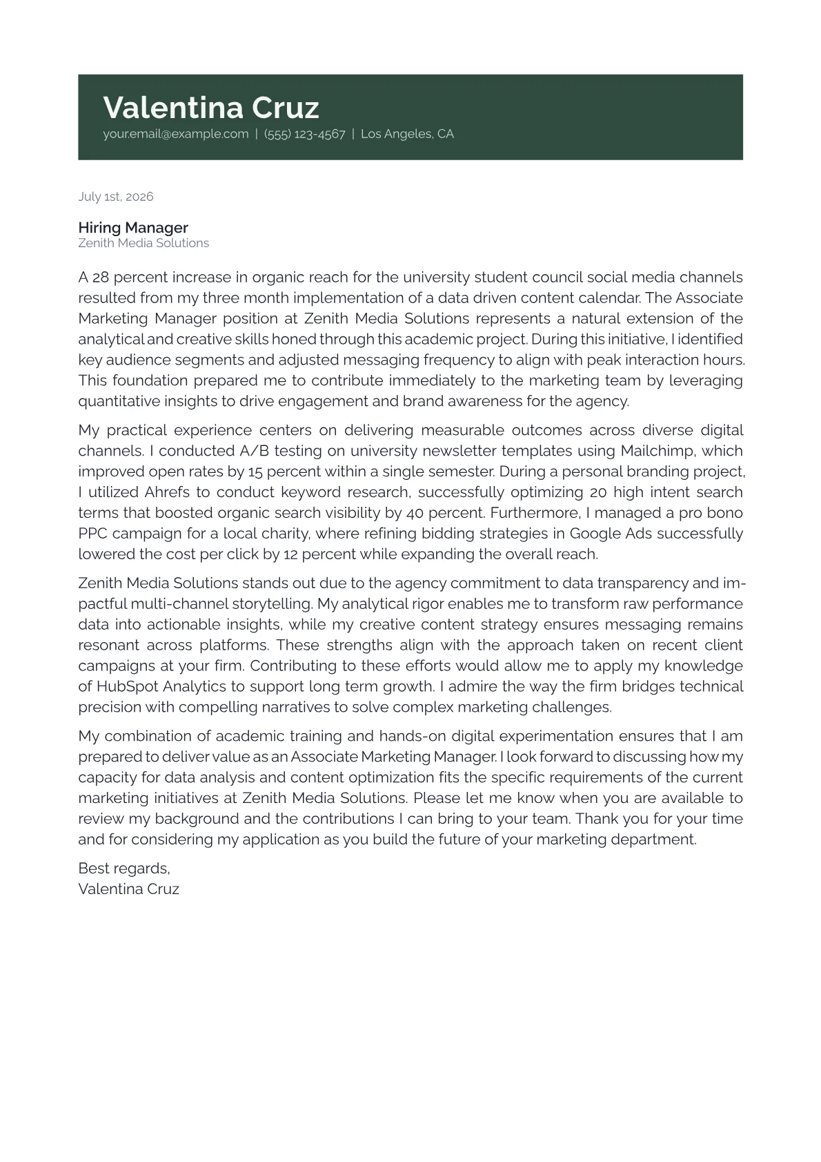 Associate Marketing Manager cover letter in the Banner design