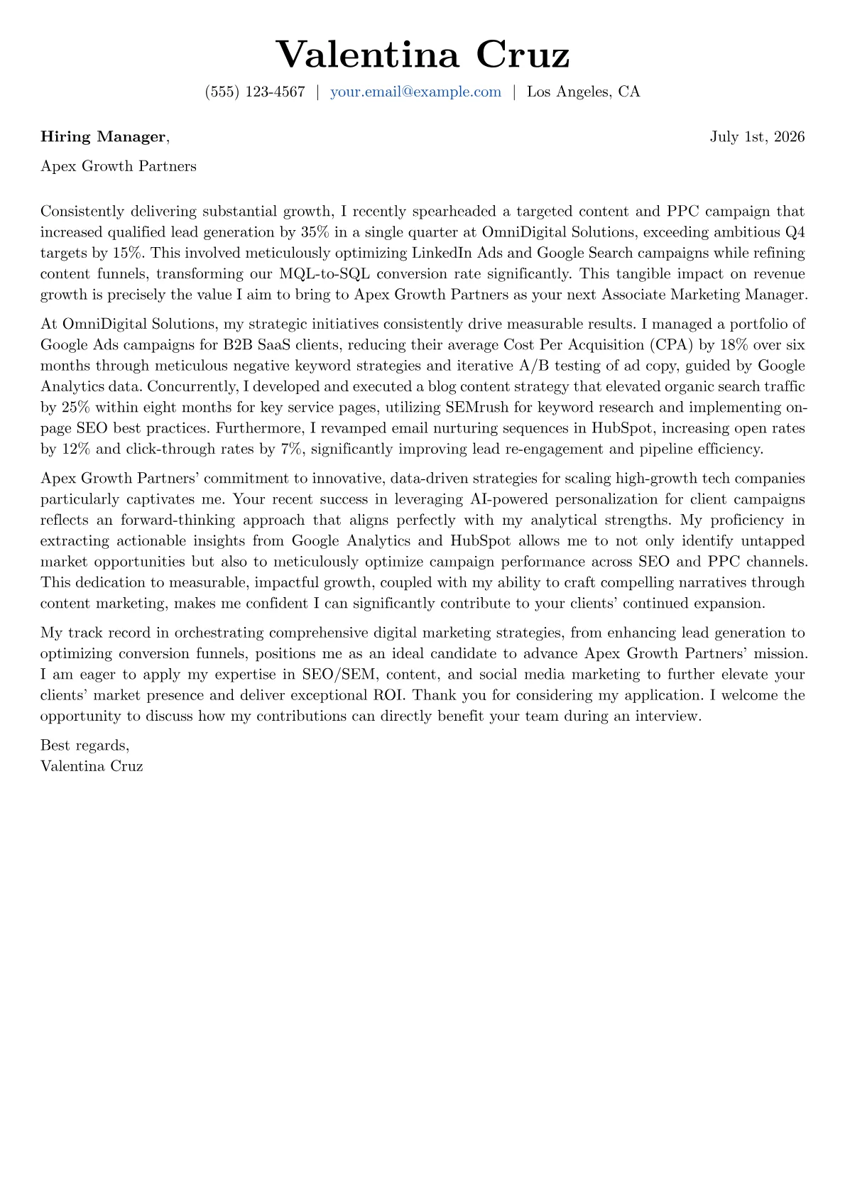 Associate Marketing Manager cover letter formatted with a JobSprout template