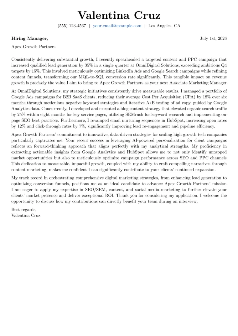 Associate Marketing Manager cover letter example preview