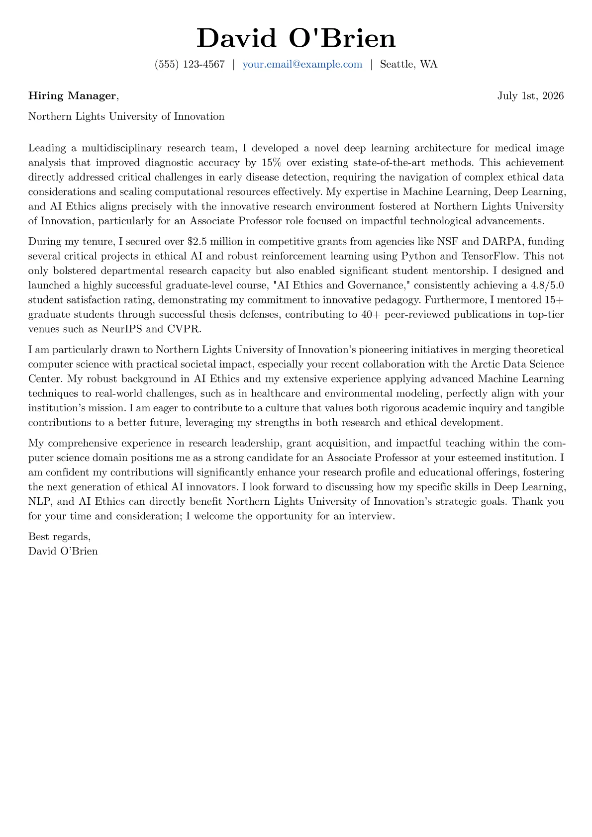 Associate Professor cover letter formatted with a JobSprout template