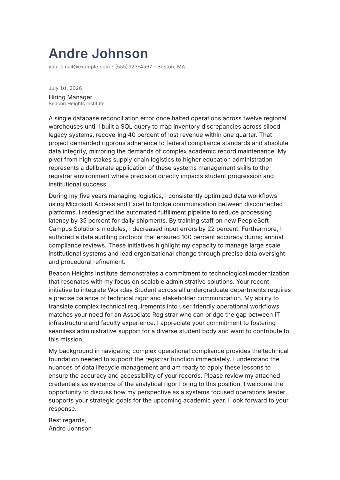 Associate Registrar cover letter in the Minimal design