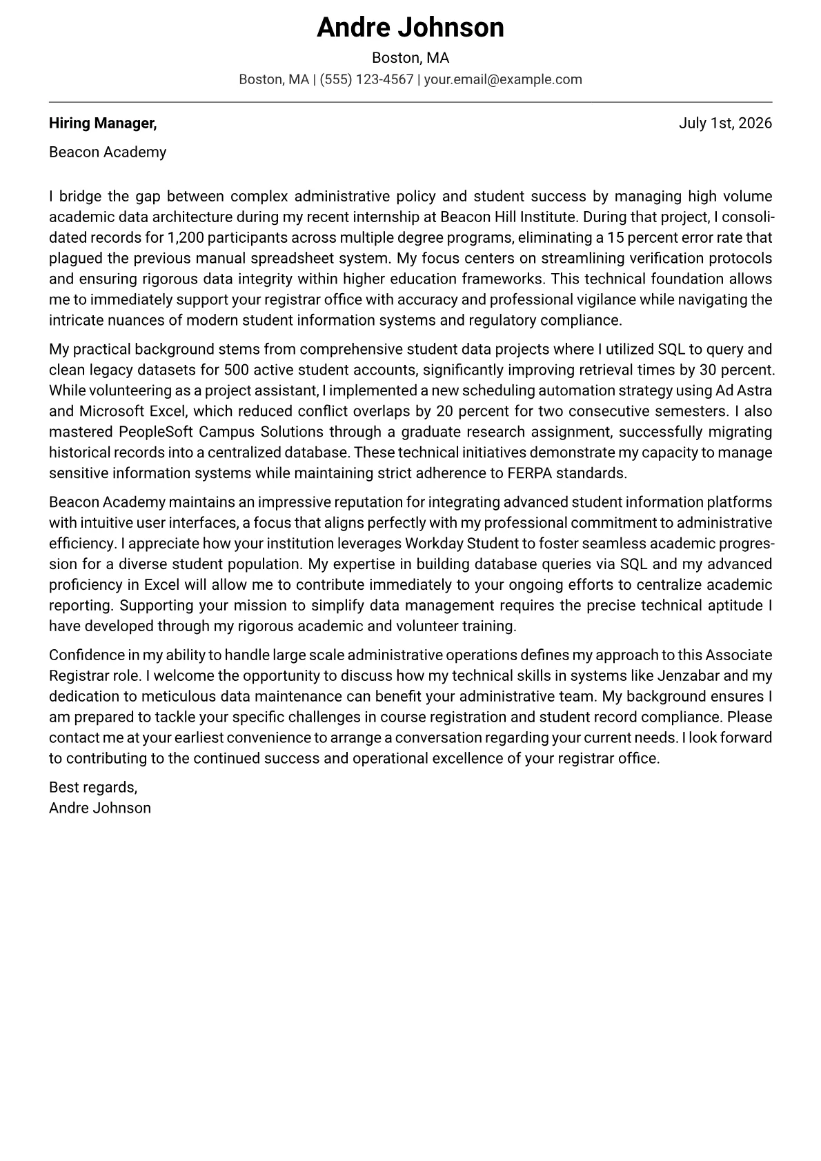 Associate Registrar cover letter in the Modern design