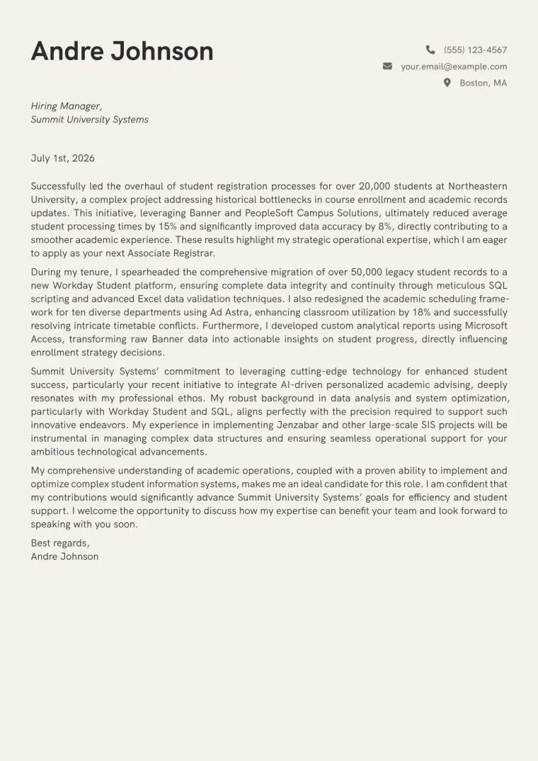 Associate Registrar cover letter example preview