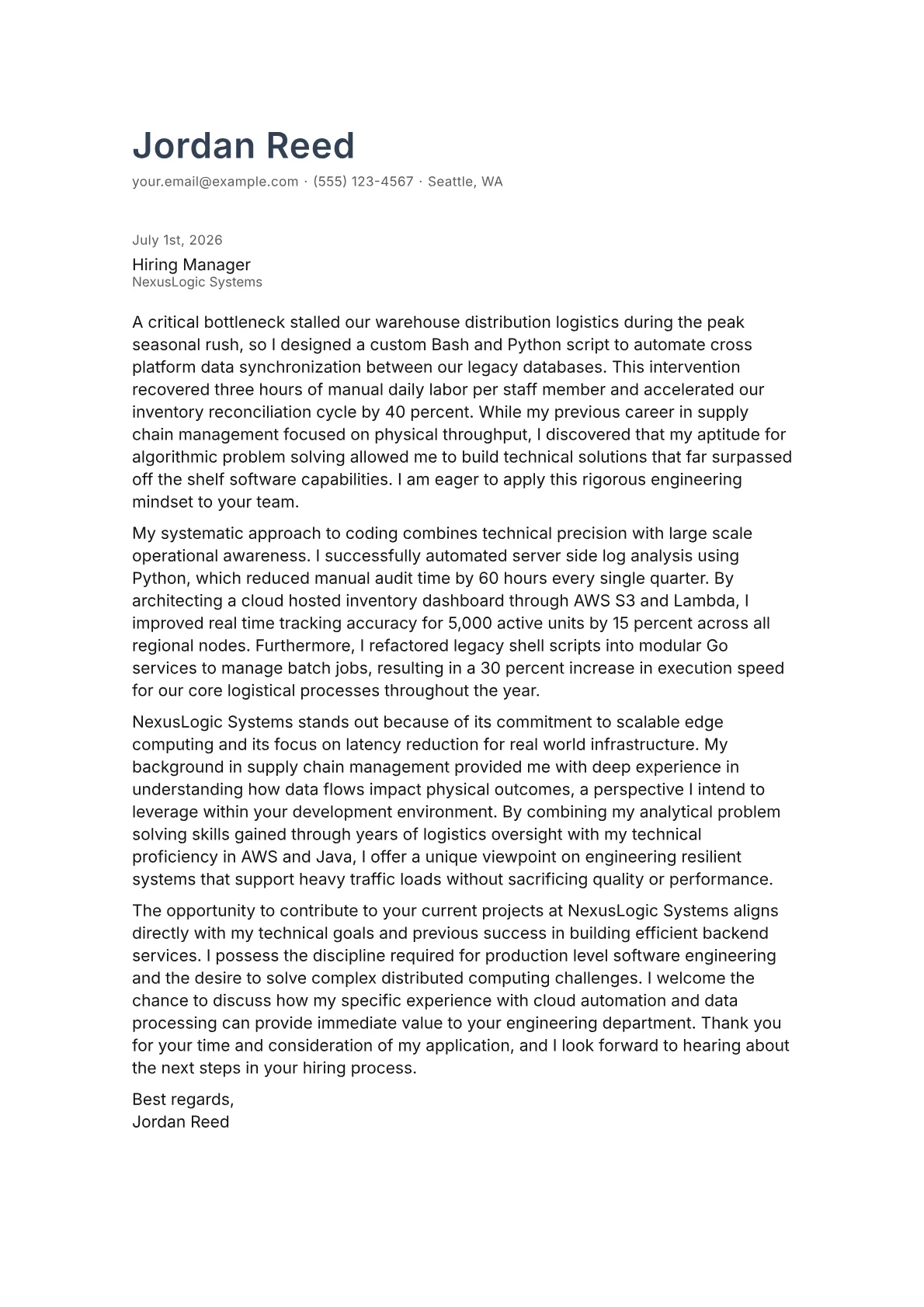 Associate Software Engineer cover letter in the Minimal design