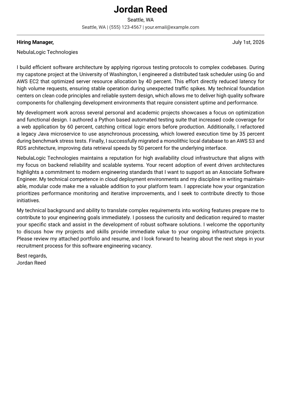 Associate Software Engineer cover letter in the Modern design
