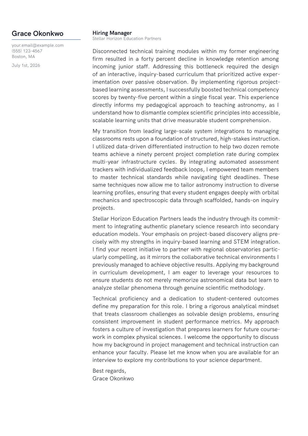 Astronomy Teacher cover letter in the Margin design