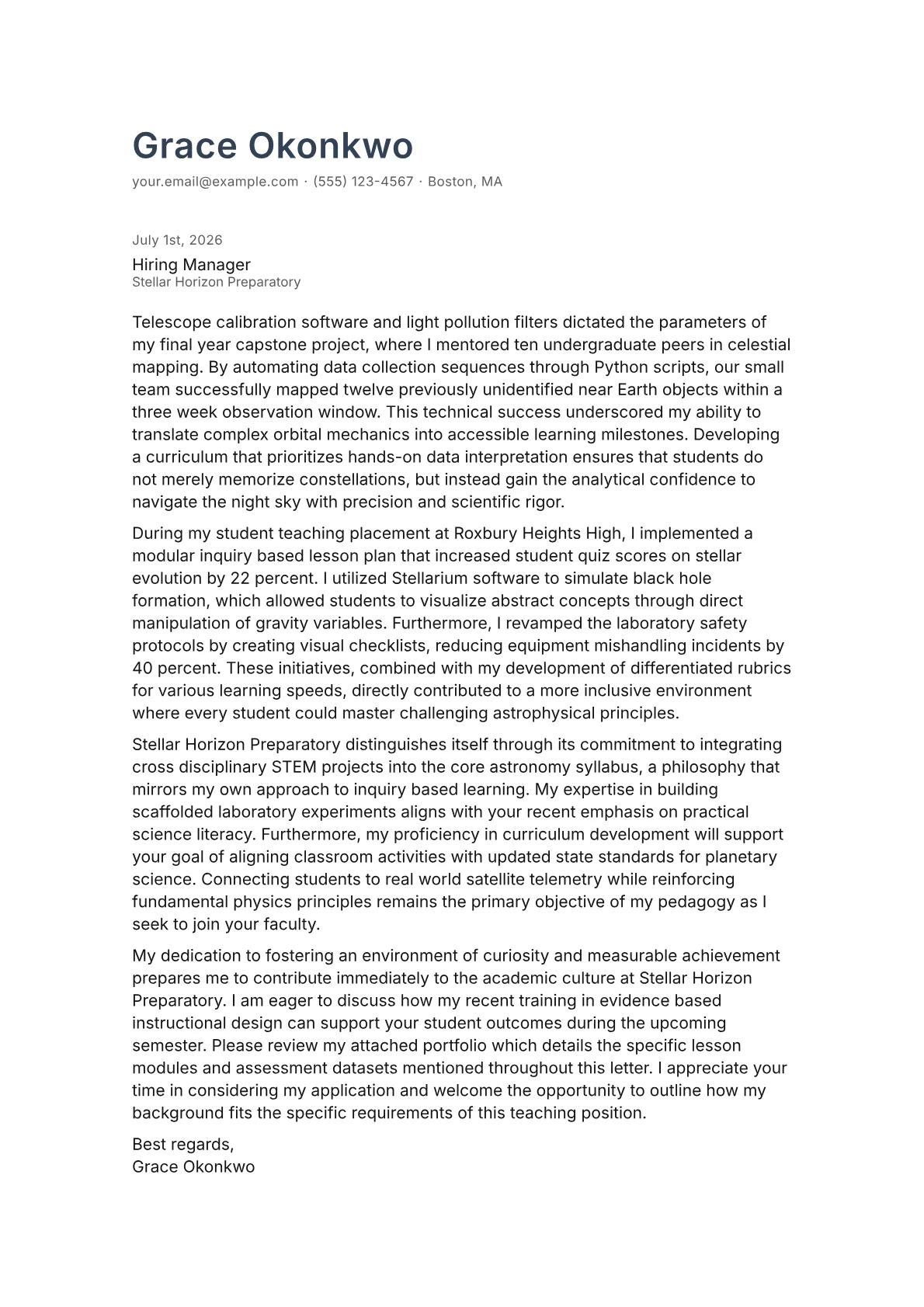 Astronomy Teacher cover letter in the Minimal design