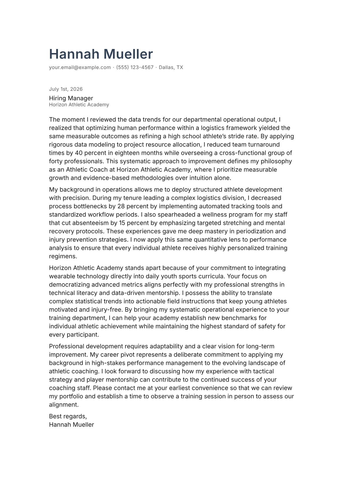 Athletic Coach cover letter in the Minimal design
