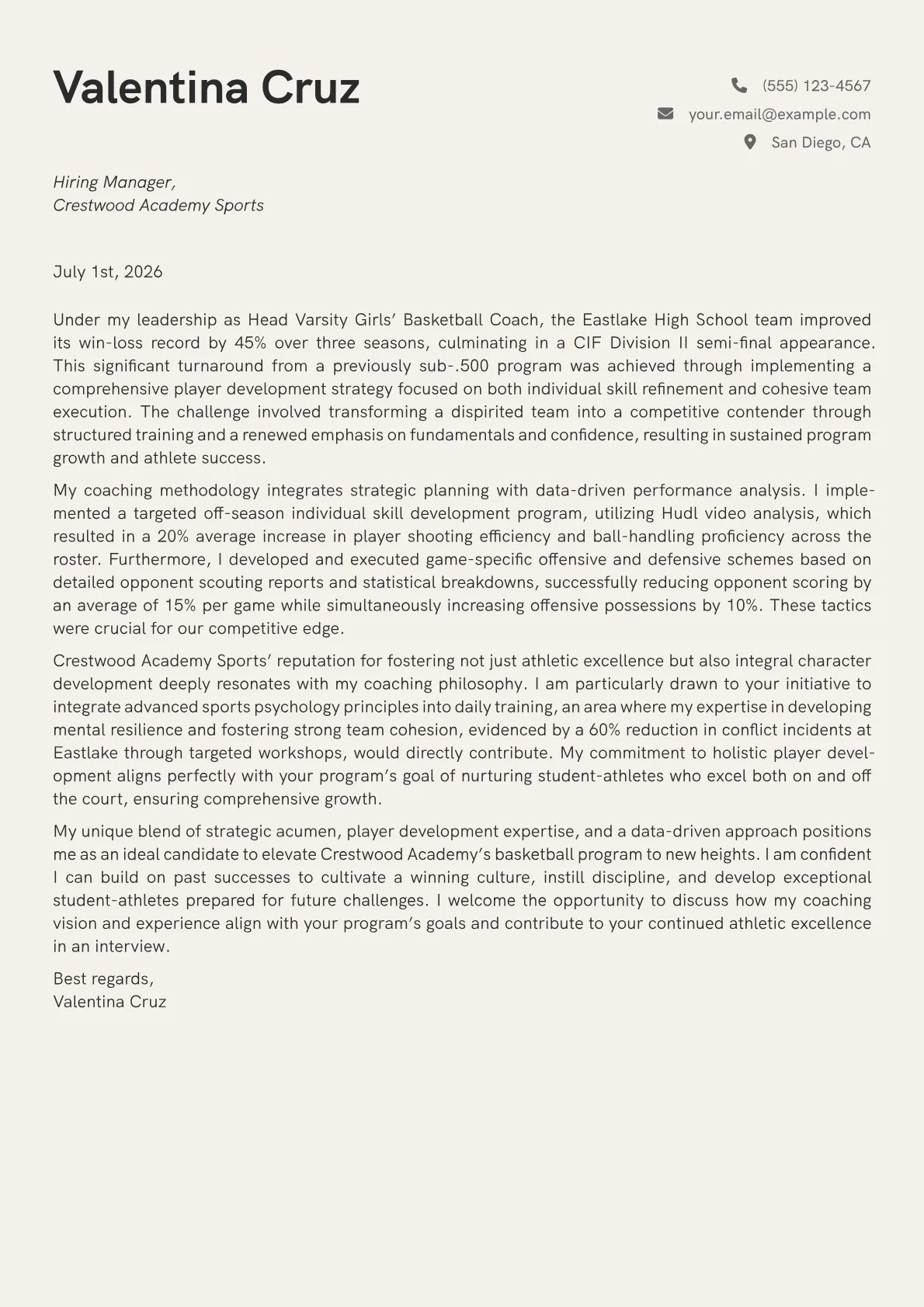 Athletic Coach High School cover letter formatted with a JobSprout template