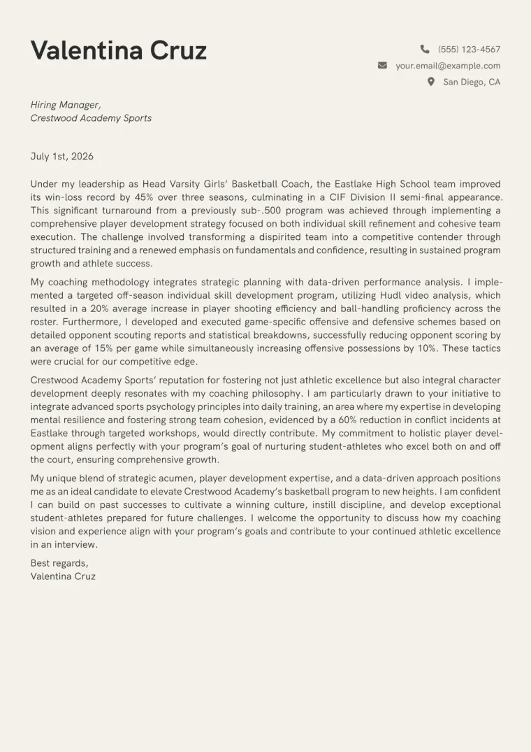 Athletic Coach High School cover letter example preview