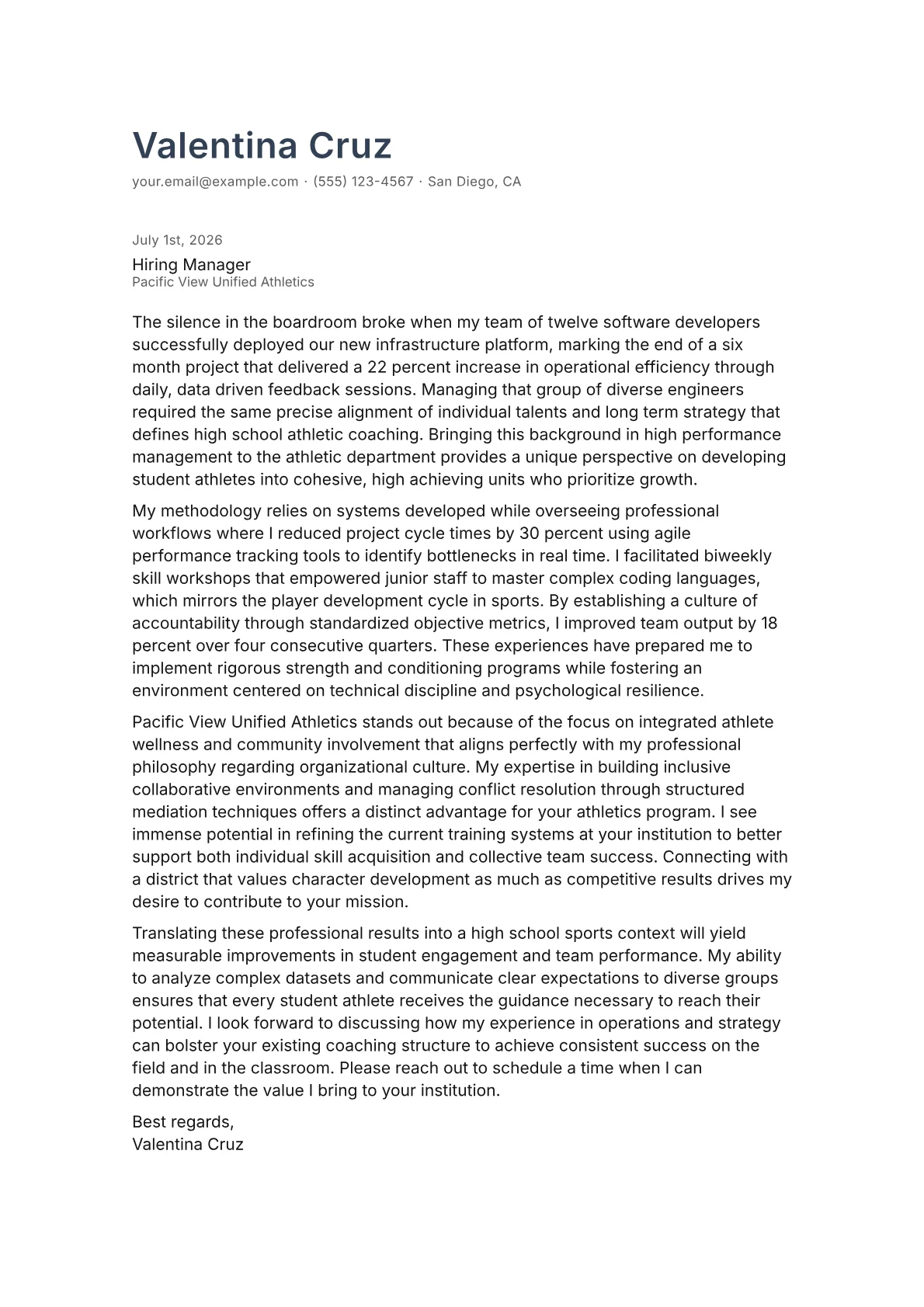 Athletic Coach High School cover letter in the Minimal design
